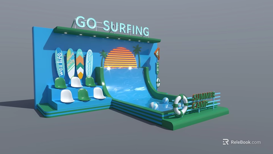 Go Surfing Summer Fun Scene With Surfboards Slide And Lifebuoy Decor 3d model 