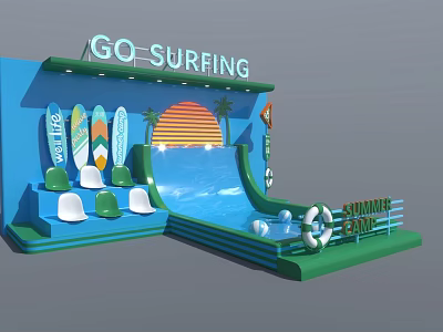 Go Surfing Summer Fun Scene With Surfboards Slide And Lifebuoy Decor 3d model