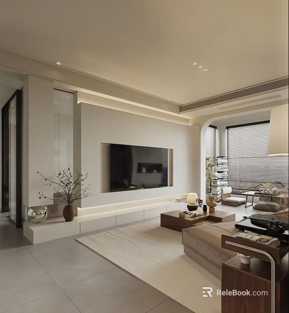 Minimalist Living And Dining Room Interior With TV Wall Sofa Decorative Plants And Natural Light 3d model 