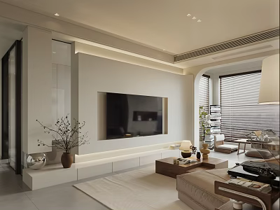 Minimalist Living And Dining Room Interior With TV Wall Sofa Decorative Plants And Natural Light 3d model