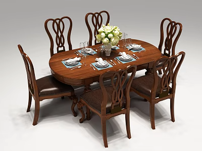 Oval Wooden Dining Table Set With Six Carved Chairs Leather Seats And White Flower Vase 3d model