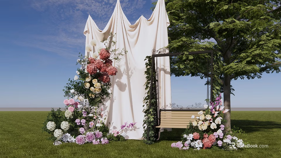 Scenic Outdoor Photo Spot With White Drapes Colorful Flowers Swing Bench Green Trees And Grass 3d model 
