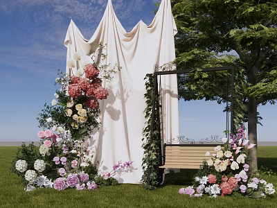 Scenic Outdoor Photo Spot With White Drapes Colorful Flowers Swing Bench Green Trees And Grass 3d model
