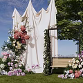 Scenic Outdoor Photo Spot With White Drapes Colorful Flowers Swing Bench Green Trees And Grass