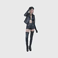 Fashionable woman in black leather jacket adjusting hat with knee high boots and gloves