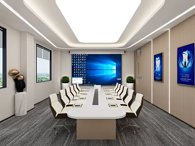Modern Conference Room Interior With Long Table Chairs Large Screen Green Plants And Windows 3d model