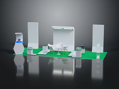 Modern Exhibition Booth Design Featuring White Display Panels Green Floor White Chairs And Information Counter 3d model