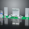 Modern Exhibition Booth Design Featuring White Display Panels Green Floor White Chairs And Information Counter