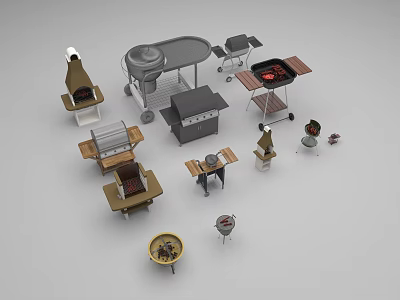 Diverse Outdoor Kitchen Appliances Including Grills Ovens Carts And Cooking Tools 3d model