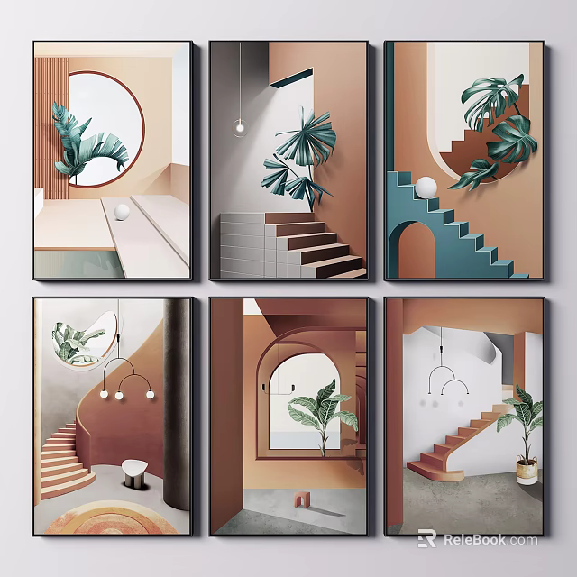 Modern Interior Art Prints With Geometric Shapes Plants And Staircases In Minimalist Style 3d model 