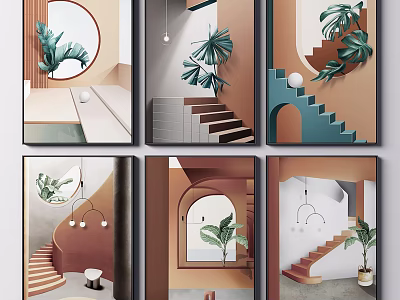 Modern Interior Art Prints With Geometric Shapes Plants And Staircases In Minimalist Style 3d model