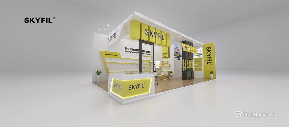 Skyfil Exhibition Booth Design With Yellow White Display Shelves And Counter 3d model 
