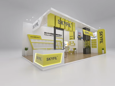 Skyfil Exhibition Booth Design With Yellow White Display Shelves And Counter 3d model