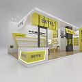 Skyfil Exhibition Booth Design With Yellow White Display Shelves And Counter