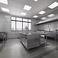 Modern Commercial Kitchen Design With Stainless Steel Worktables Windows And Ceiling Lights