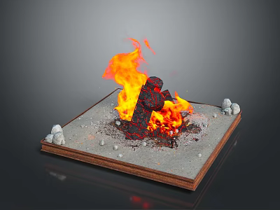 Wooden Platform With Burning Campfire Black Stones Small Stones And Flames 3d model