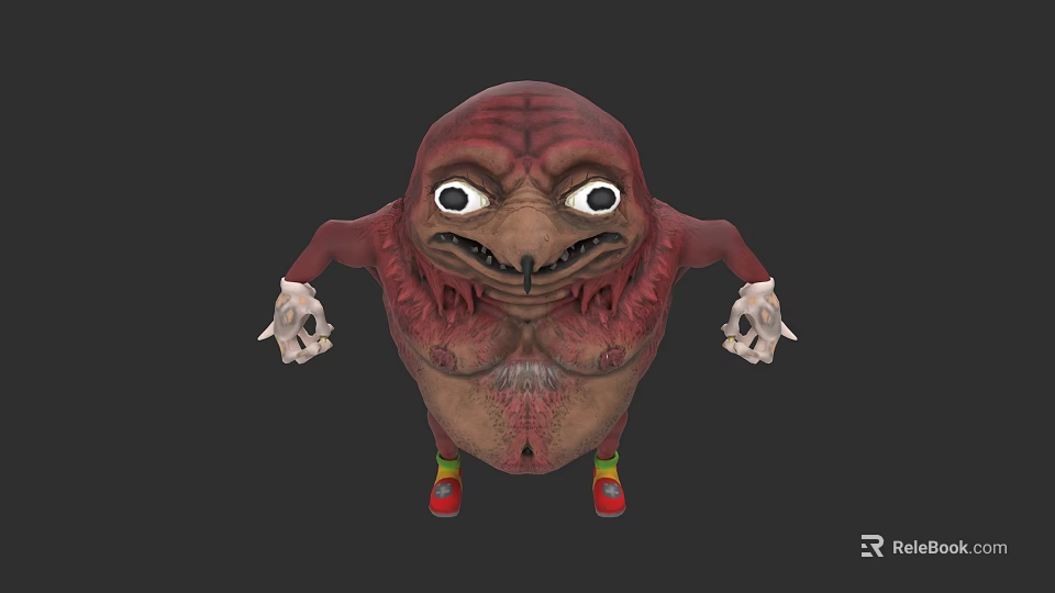 Fantasy Character Creature with Red Skin Large Eyes Open Mouth Skeleton Hands and Colorful Shoes 3d model 