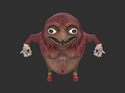 Fantasy Character Creature with Red Skin Large Eyes Open Mouth Skeleton Hands and Colorful Shoes 3d model