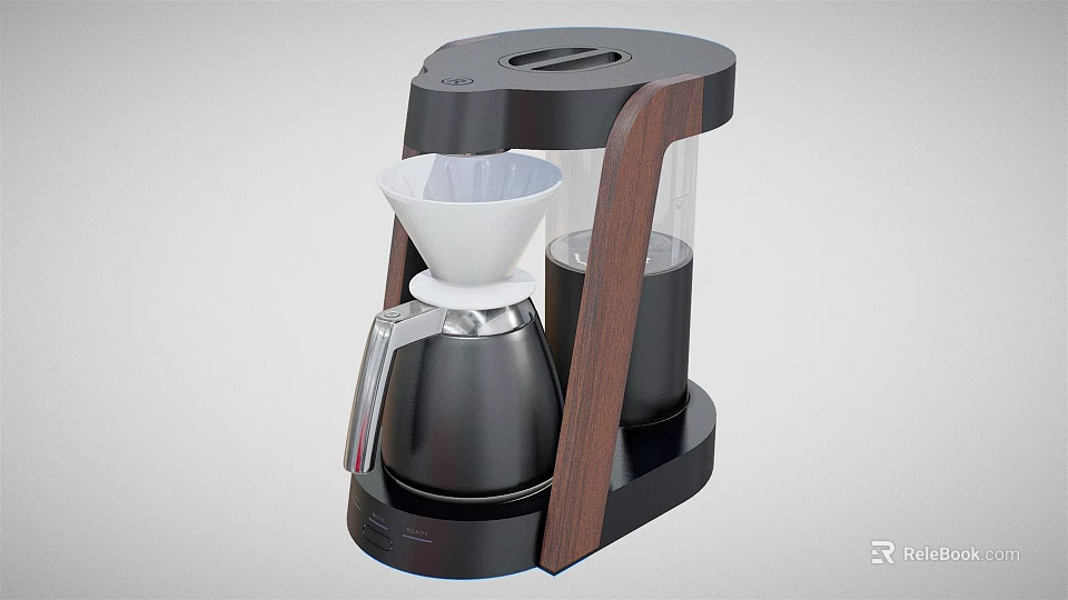Stylish Black Drip Coffee Maker Kitchen Appliance With Wooden Accents Glass Carafe And Metal Funnel 3d model 