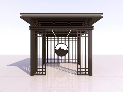 Modern Chinese Architectural Structure Featuring Roof Design Grille Gate And Circular Mountain Sun Pattern 3d model