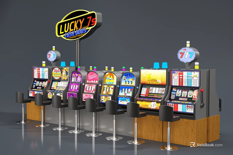 Lucky 7s Slot Machines Arrangement With Colorful Displays And Black Bar Stools On Wooden Base 3d model 
