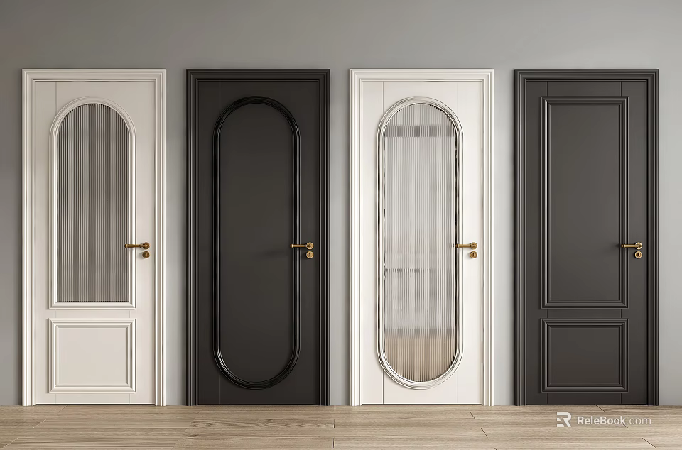Modern Swing Doors With White Black Frames Arched Glass And Golden Handles 3d model 