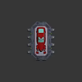 Red Car With Green Roof Displayed On Gray Platform With Illuminated Devices