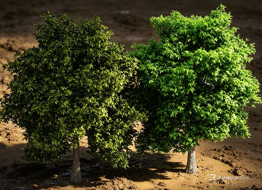 Two Arbor Trees With Lush Green Leaves And Brown Trunks On Dirt Ground 3d model 