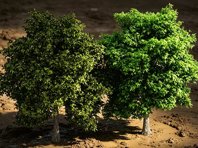 Two Arbor Trees With Lush Green Leaves And Brown Trunks On Dirt Ground 3d model