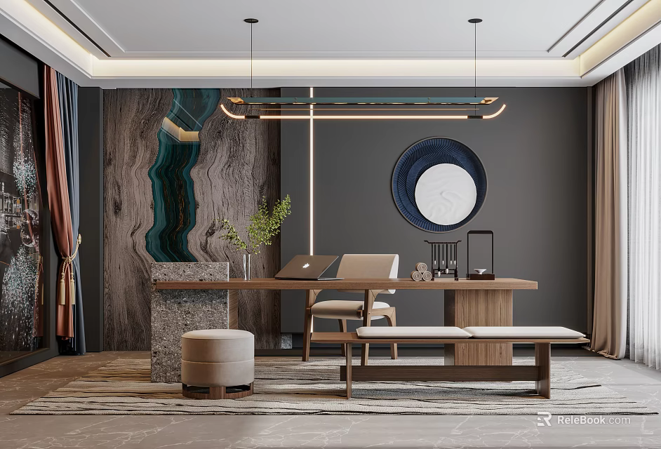 Modern Study Room Interior With Desk Chair Bench And Decor 3d model