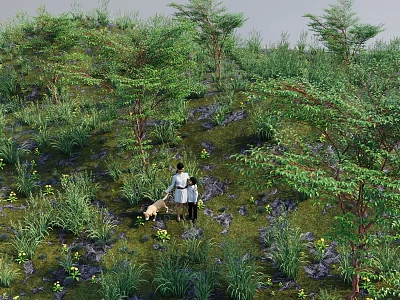 Person With Dog Standing On Green Grassland Surrounded By Trees In Natural Outdoor Scene 3d model