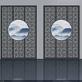 Blue Swing Doors with Traditional Geometric Patterns and Circular Cloud Mountain Design 3d model