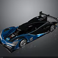 Blue And Black Streamlined Race Car With Aerodynamic Rear Wing And Number 10