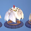 Fantasy Character Creatures With Red Crests White Feathers Green Bodies And Blue Bases