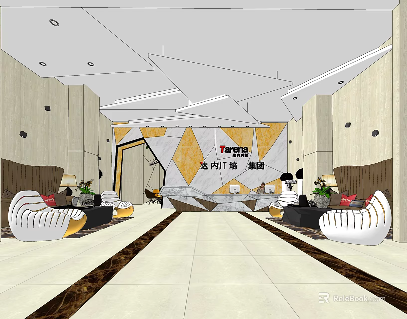 Modern Front Desk Reception Area with Geometric Pattern Wall Sofas Plants and Elegant Floor Design 3d model