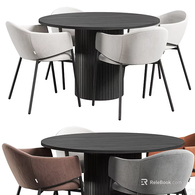 Modern Round Wooden Dining Table Set With Light Colored Chairs And Black Legs 3d model 