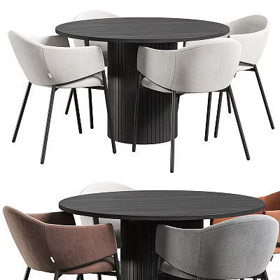 Modern Round Wooden Dining Table Set With Light Colored Chairs And Black Legs 3d model