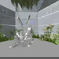 Modern Hexagonal Transparent Display Space With Neon Lights Indoor Plants And People Inside