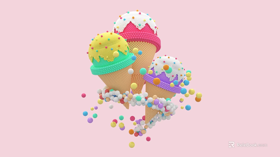 Colorful Inflatable Ice Cream Cones With Sprinkles And Floating Balls On Pink Background 3d model 