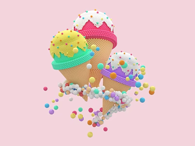Colorful Inflatable Ice Cream Cones With Sprinkles And Floating Balls On Pink Background 3d model