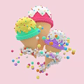 Colorful Inflatable Ice Cream Cones With Sprinkles And Floating Balls On Pink Background