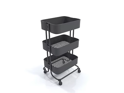 Black Three Tier Mobile Storage Shelf With Solid Tray And Mesh Layers On Wheels 3d model