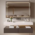 Modern Bathroom Cabinet With LED Lit Mirror White Countertop Drawers Toiletries And Decor