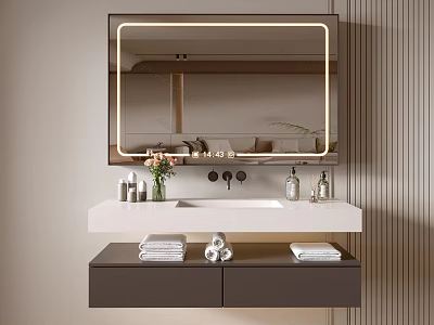 Modern Bathroom Cabinet With LED Lit Mirror White Countertop Drawers Toiletries And Decor 3d model