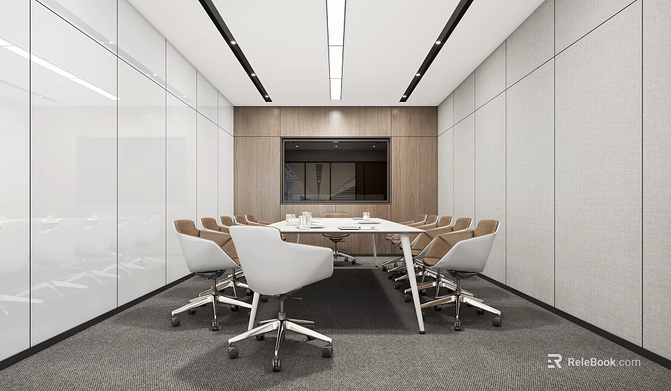 Sleek Modern Conference Room Interior With White Office Chairs Meeting Table And Wall Screen 3d model 