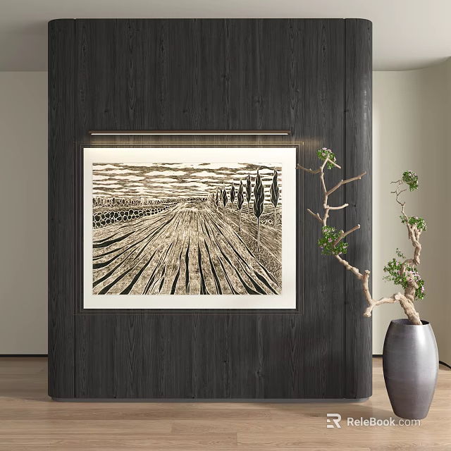 Abstract Painting On Dark Wooden Wall Featuring Linear Path Trees Cloud Patterns And Woodcut Texture 3d model 