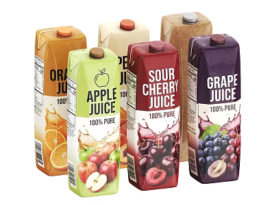100% Pure Fruit Juices With Orange Apple Sour Cherry Grape In Colorful Cartons 3d model