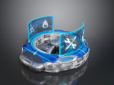 Blue Circular Device With Transparent Panels Flame Symbol And Wrench Icon On Silver Base 3d model