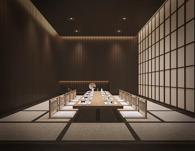 Elegant Private Room Interior With Long Table Wooden Walls And Lattice Screens 3d model