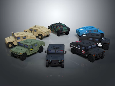 Various Types Of Military Vehicles Models In Different Colors And Designs 3d model